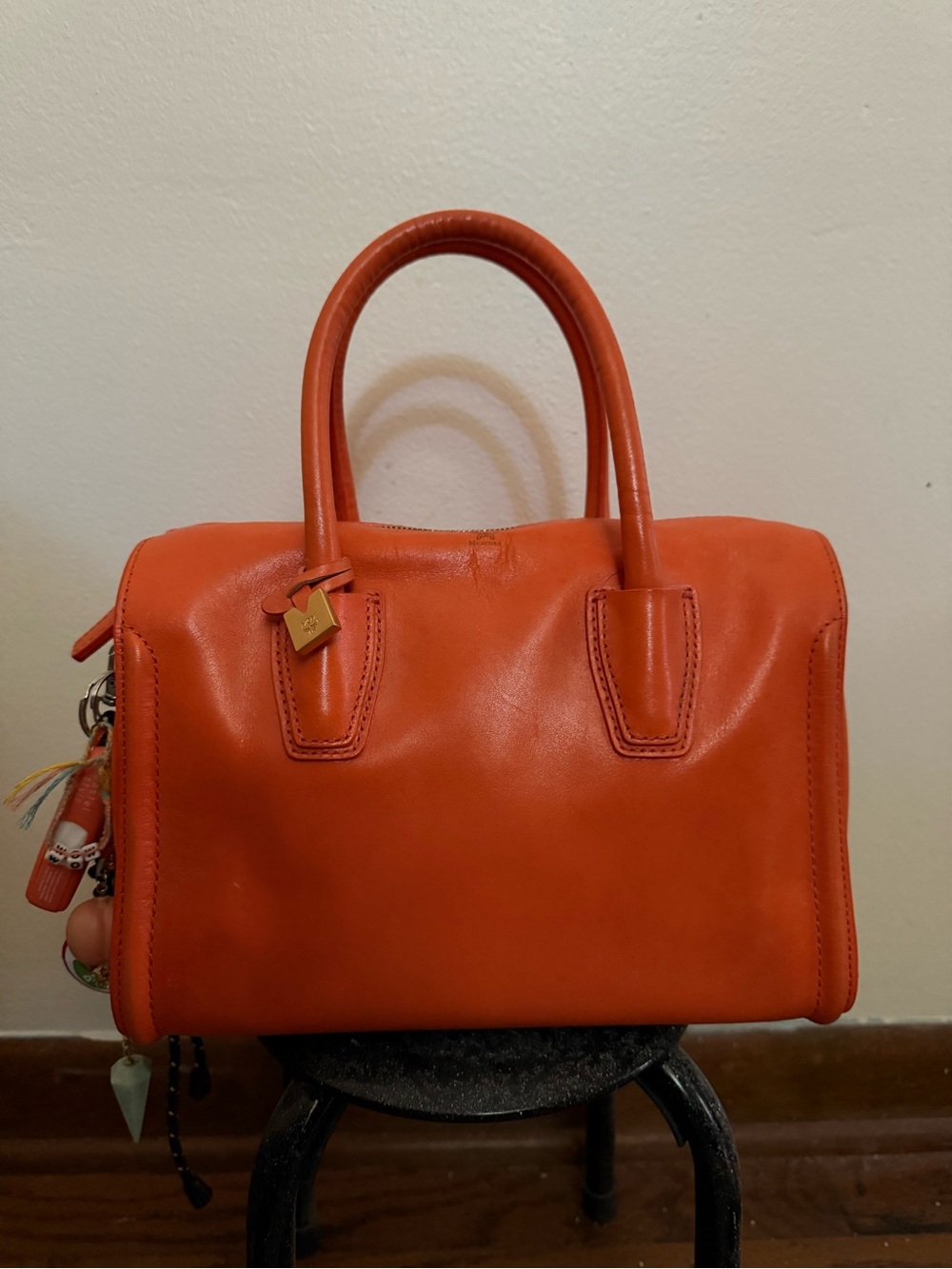 MCM Worldwide Orange Boston Satchel with Long Strap